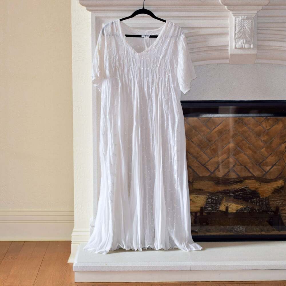 Classics White Embroidered Crinkle Rayon Maxi Dress One Size